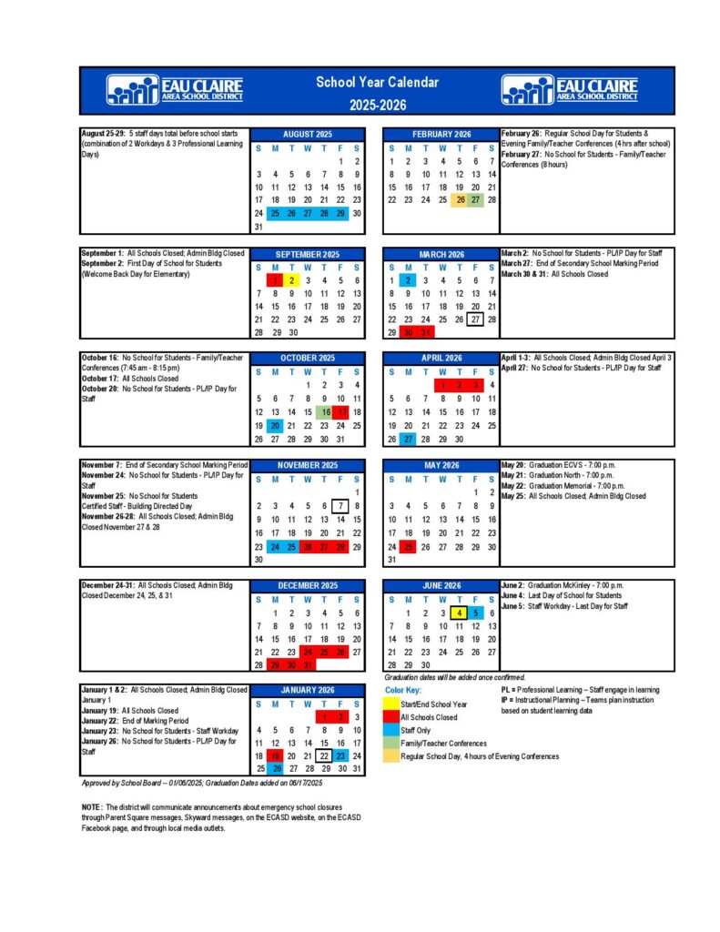 Eau Claire School District Calendar 2025-2026