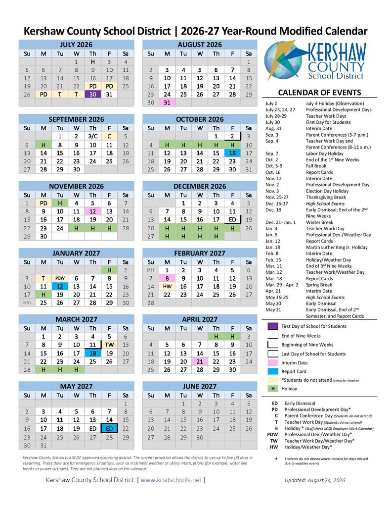 Kershaw County School District Calendar 2026-2027