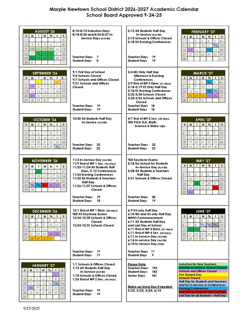 Marple Newtown School District Calendar 2026-2027