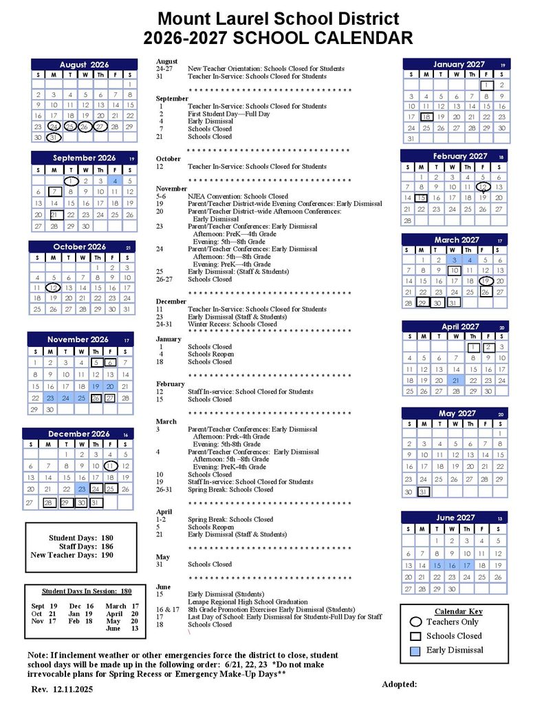 Mount Laurel Schools Calendar 2026-2027