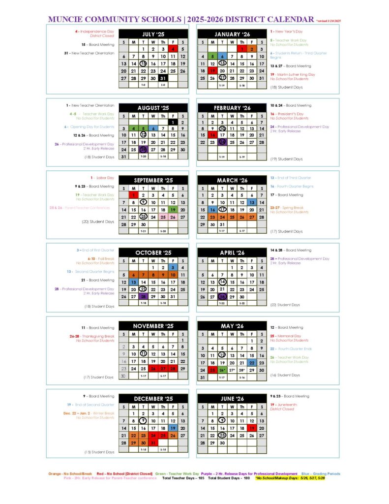 Muncie Community Schools Calendar 2025-2026