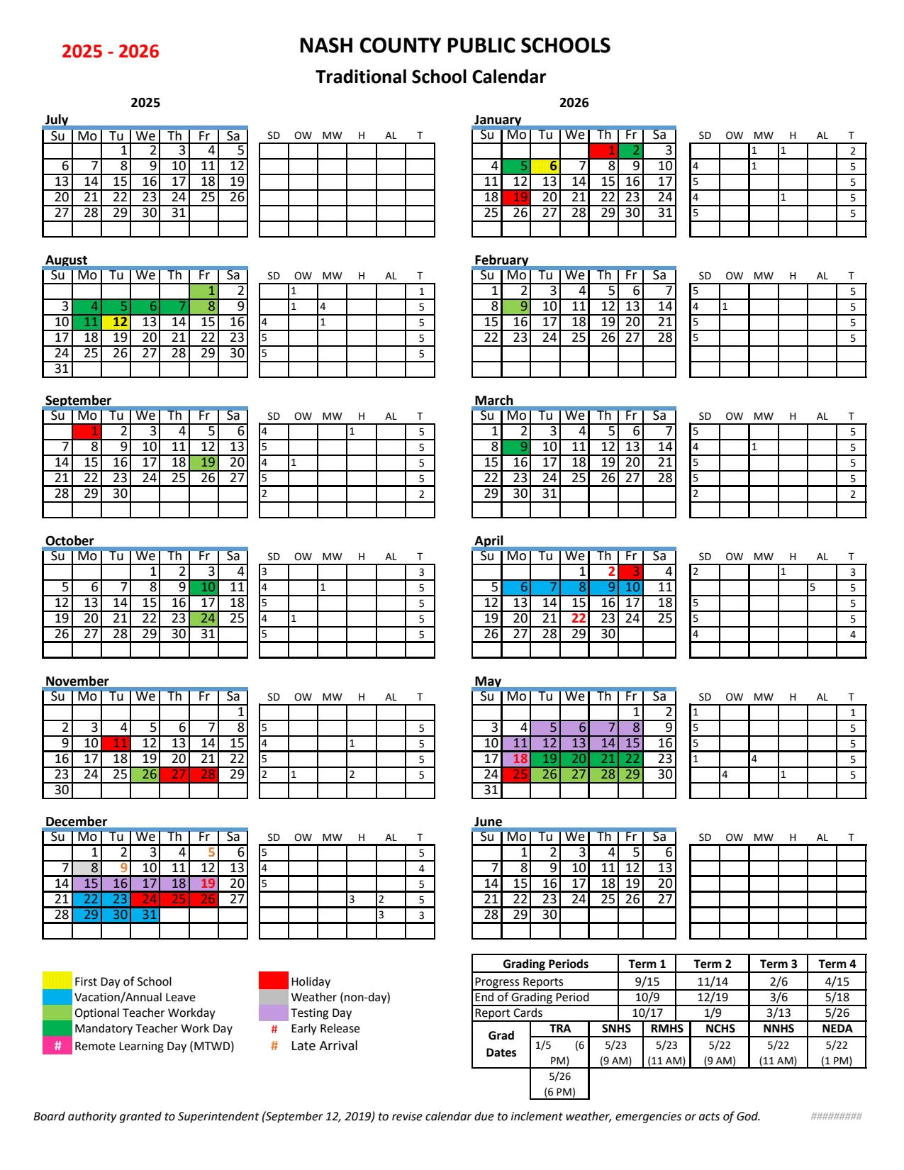 Nash County Public Schools Calendar 2025 2026 in PDF