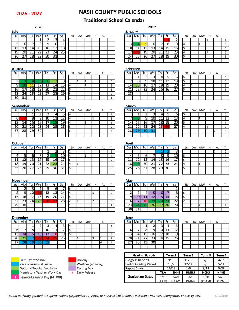 Nash County Public Schools Calendar 2026-2027
