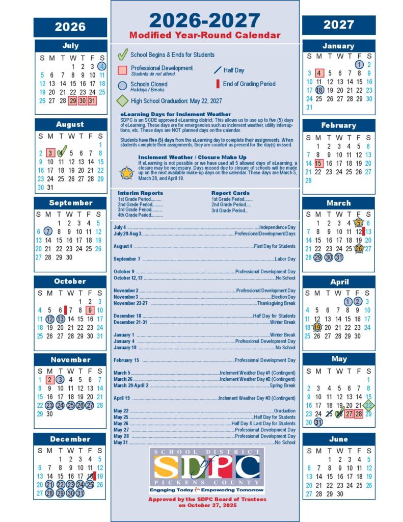 Pickens County Schools Calendar 2026-2027