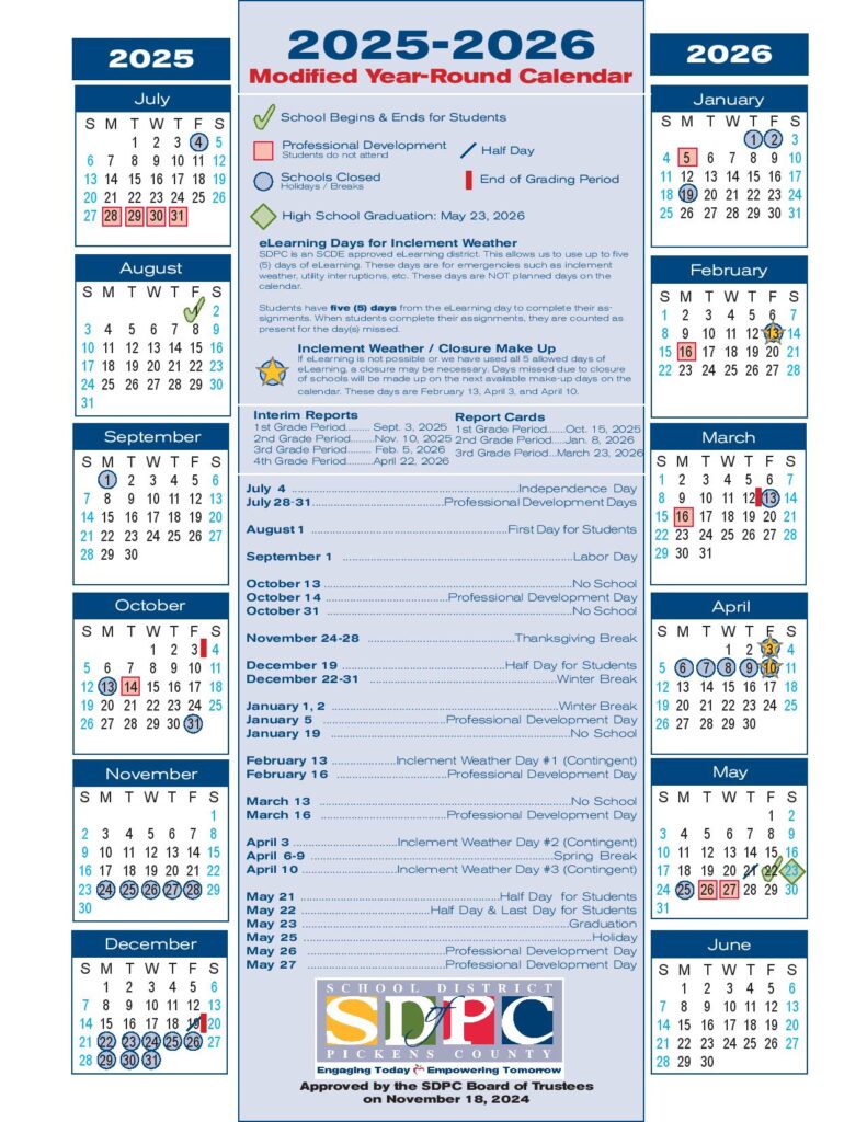 Pickens County Schools Calendar 2025-2026