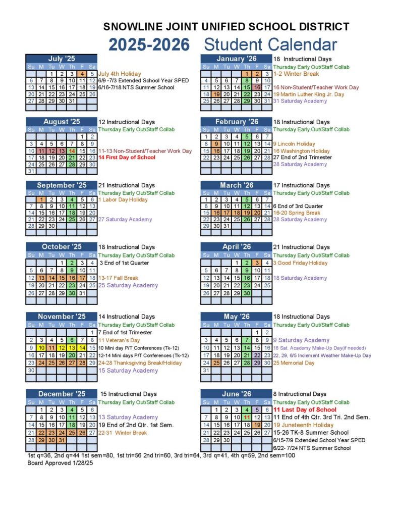 Snowline School District Calendar 2025-2026