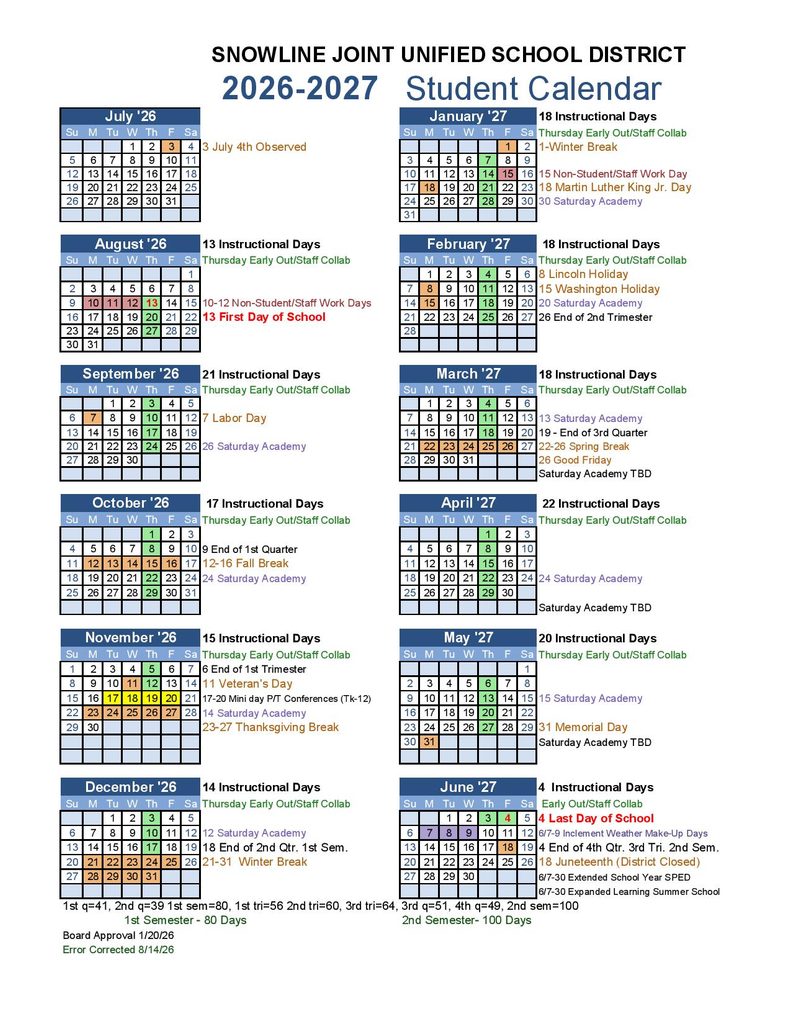 Snowline School District Calendar 2026-2027