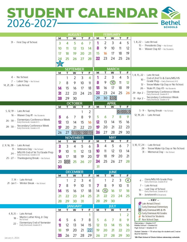 Bethel School District Calendar 2026-2027