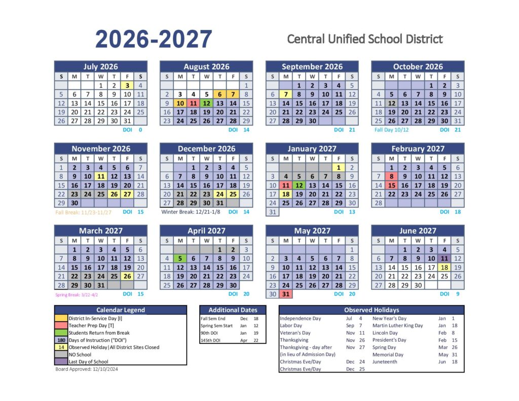 Central Unified School District Calendar 2026-2027