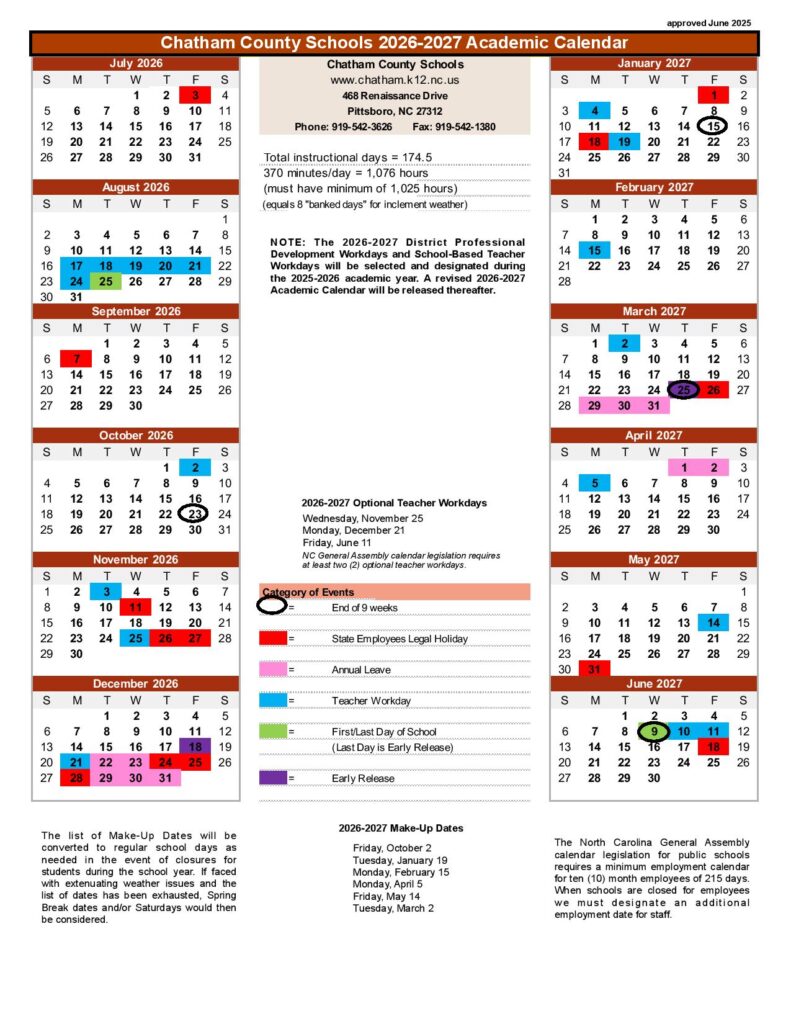 Chatham County School Calendar 2026-2027