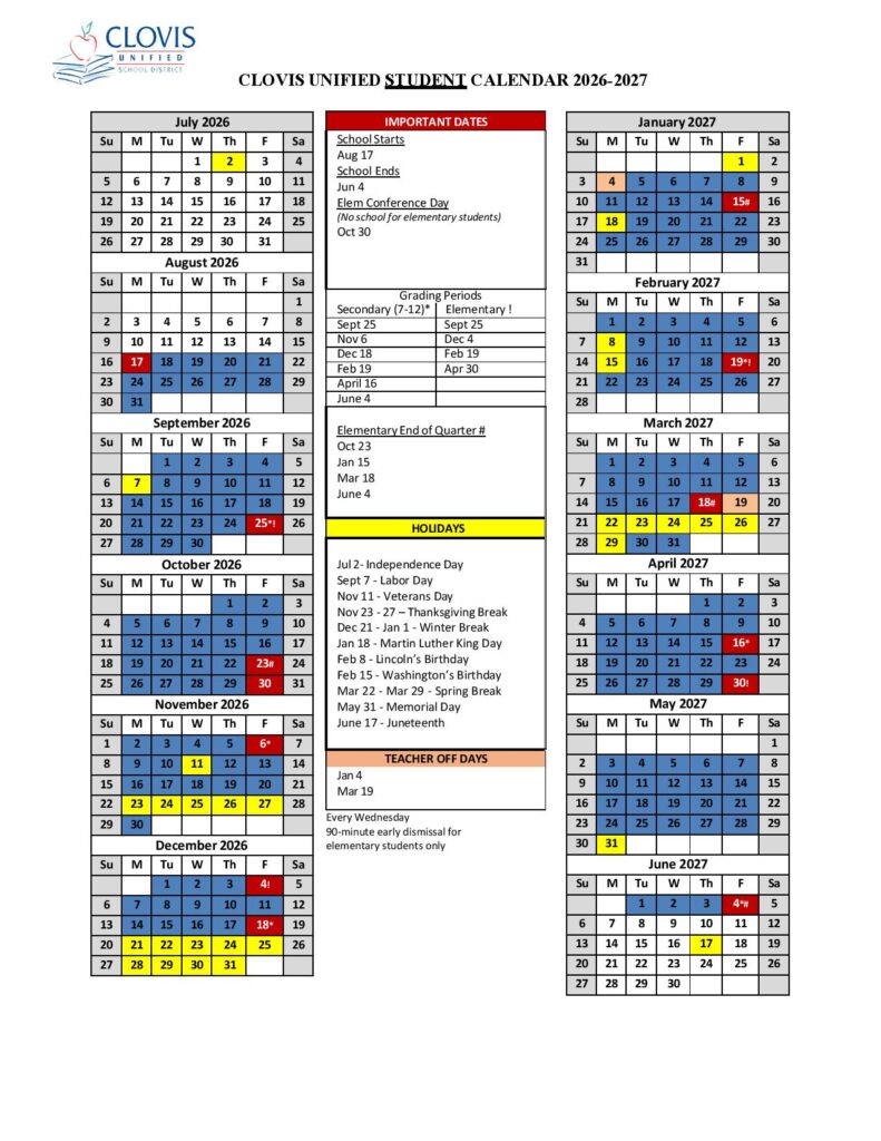Clovis Unified School District Calendar 2026-2027