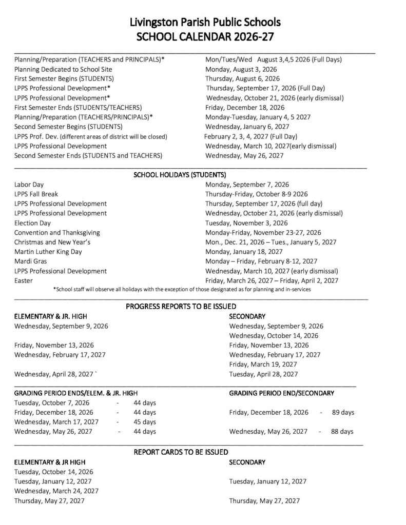 Livingston Parish Schools Calendar 2026-2027