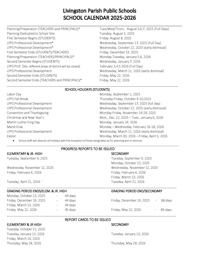 Livingston Parish Schools Calendar 2025-2026