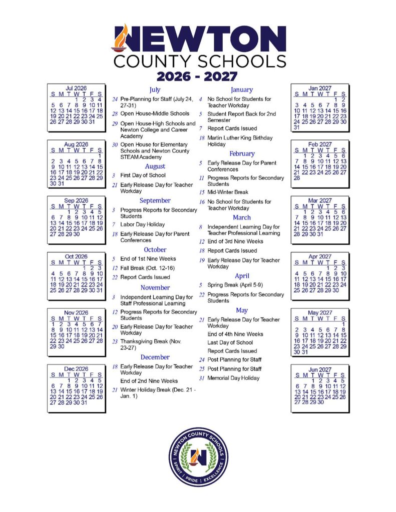 Newton County School Calendar 2026-2027
