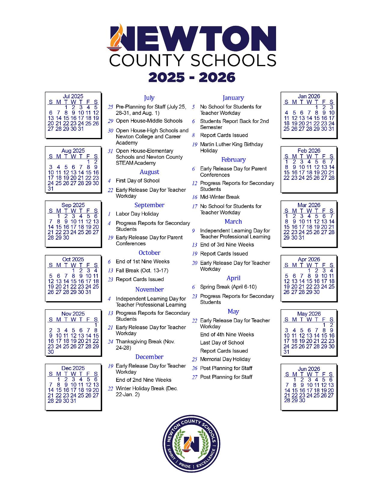 Newton County School Calendar 2025 2026 in PDF