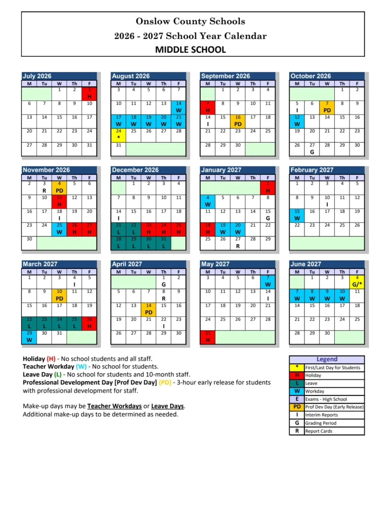 Onslow County School Calendar 2026-2027