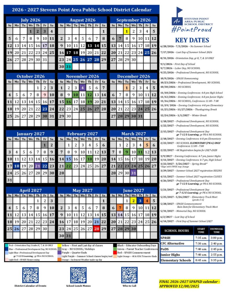Stevens Point School District Calendar 2026-2027