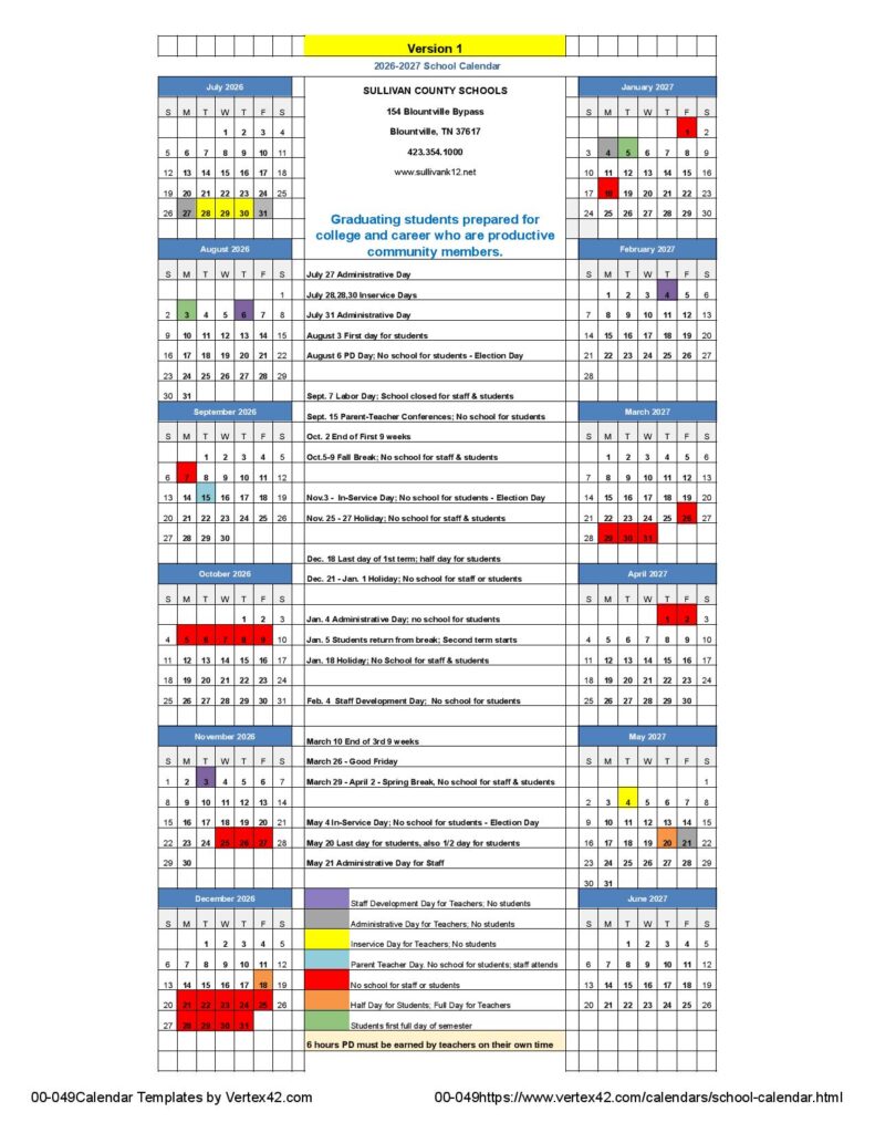 Sullivan County School Calendar 2026-2027