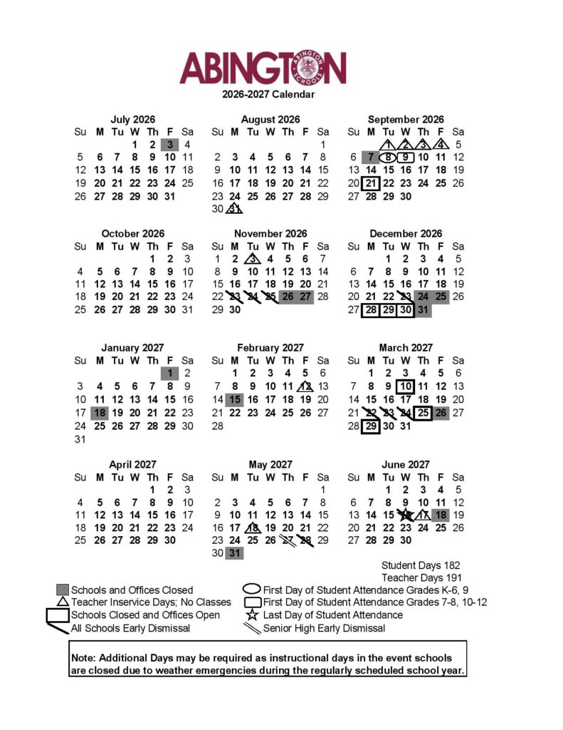 Abington School District Calendar 2026-2027