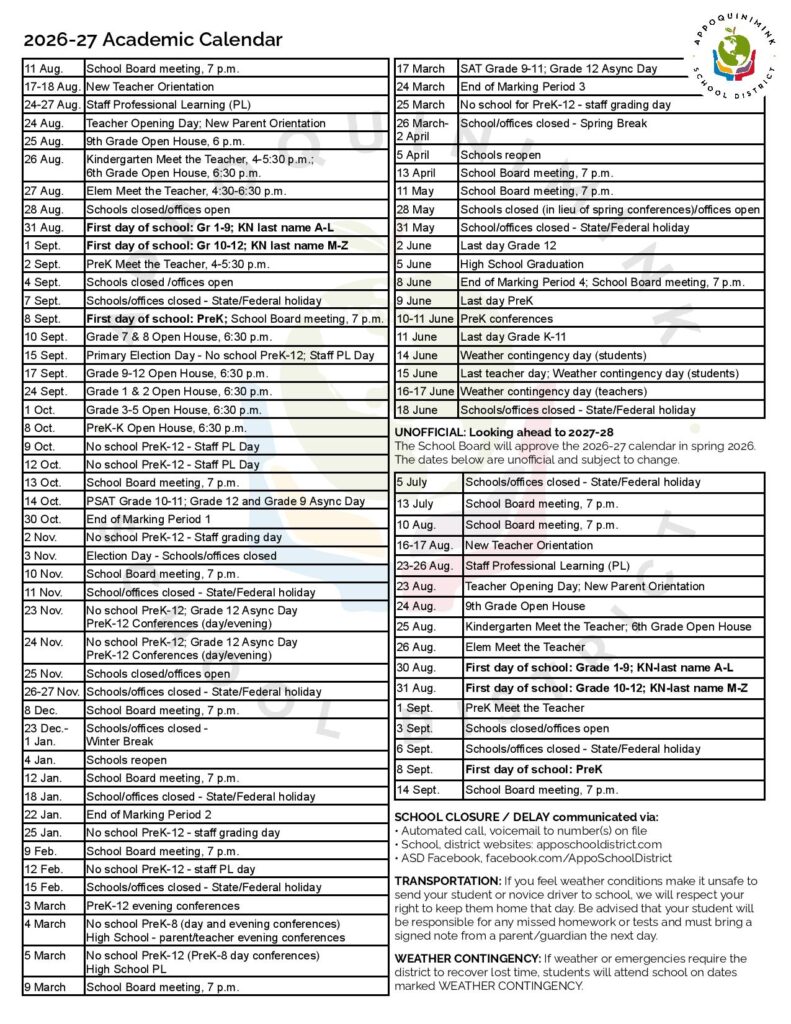 Appoquinimink School District Calendar 2026-2027