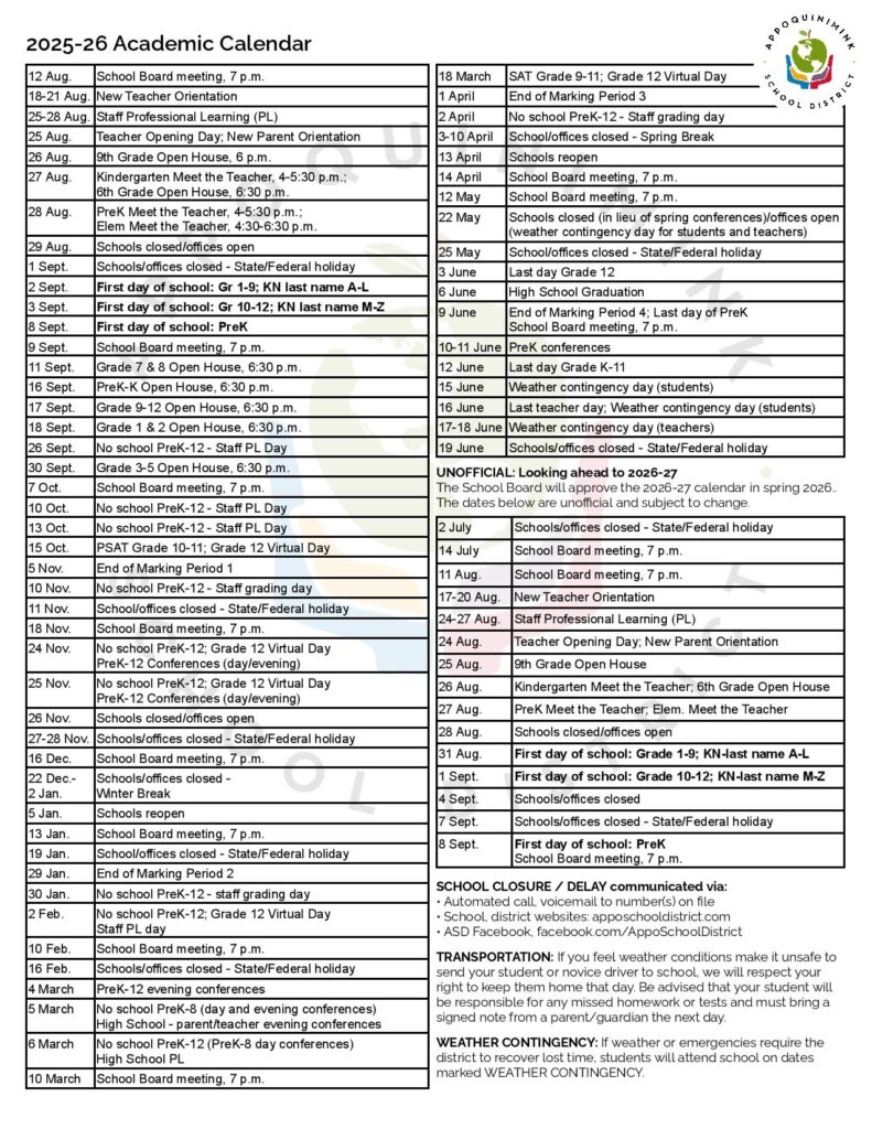 Appoquinimink School District Calendar 2026