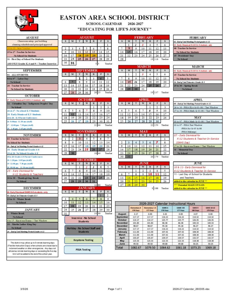 Easton Area School District Calendar 2026-2027