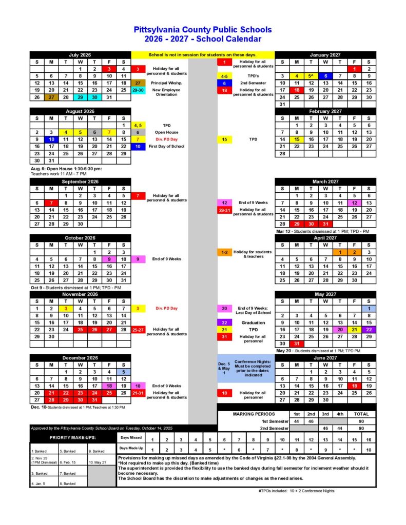 Pittsylvania County Schools Calendar 2026-2027