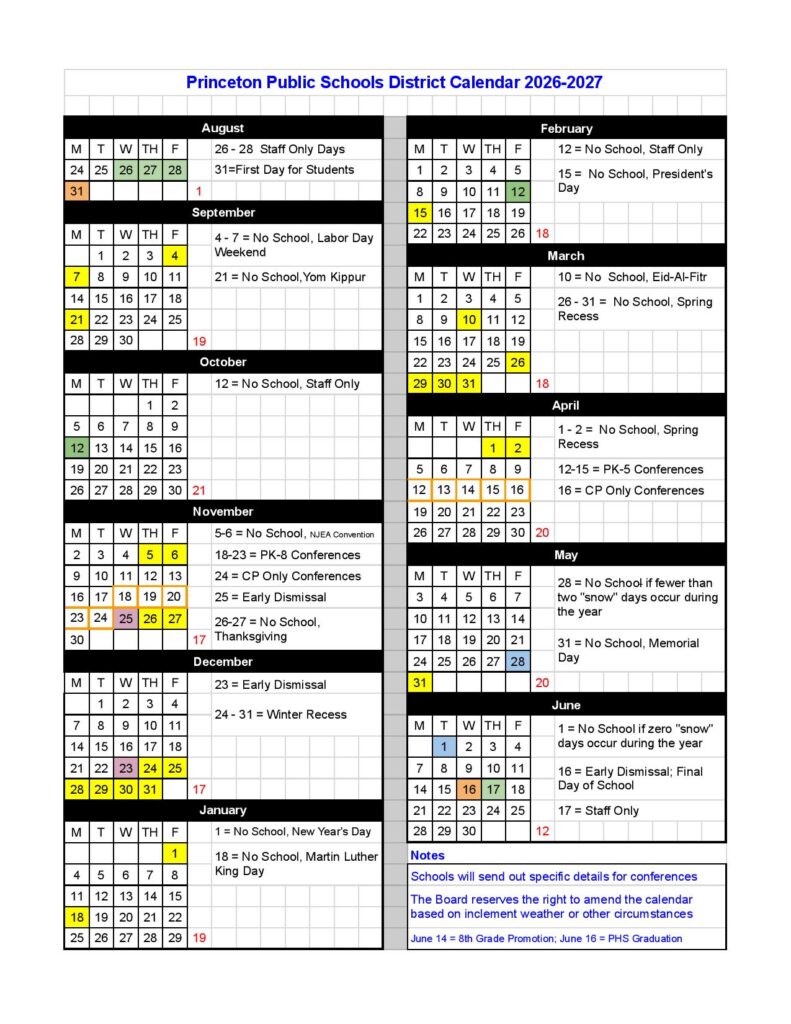 Princeton Public Schools Calendar 2026-2027