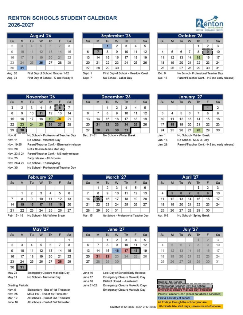 Renton School District Calendar 2026-2027
