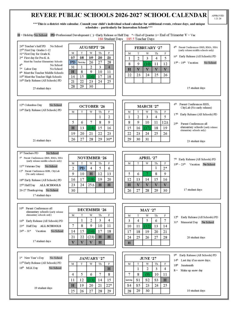 Revere Public Schools Calendar 2026-2027