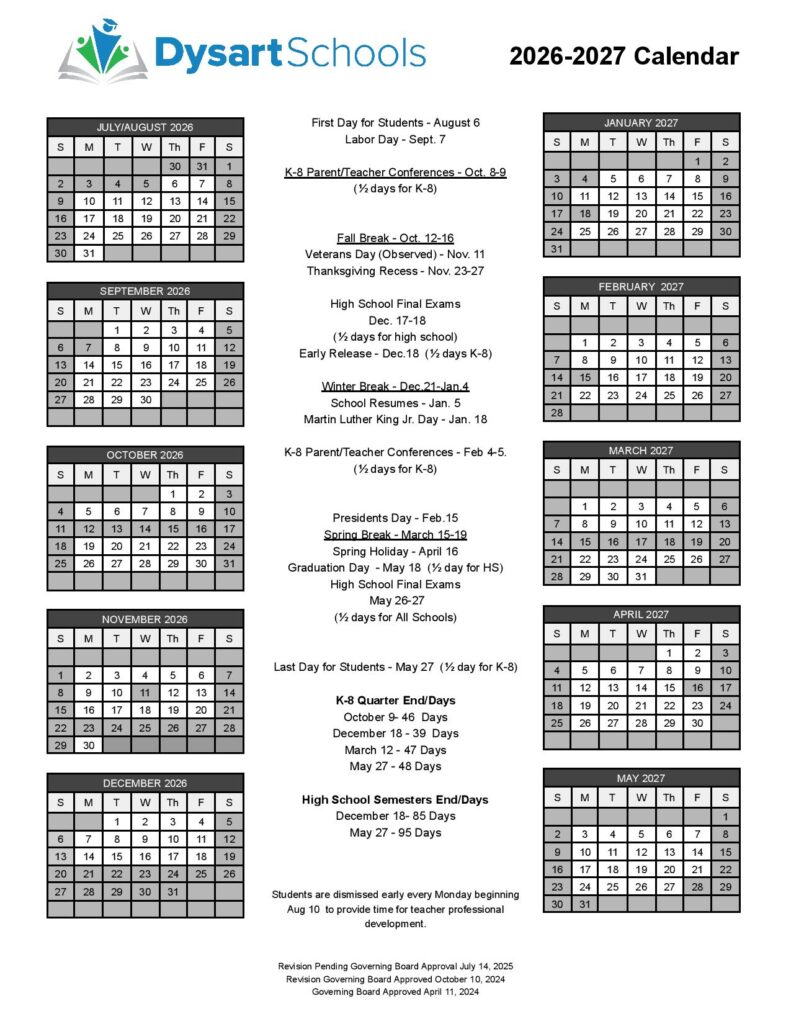 Dysart Schools Calendar 2026-2027