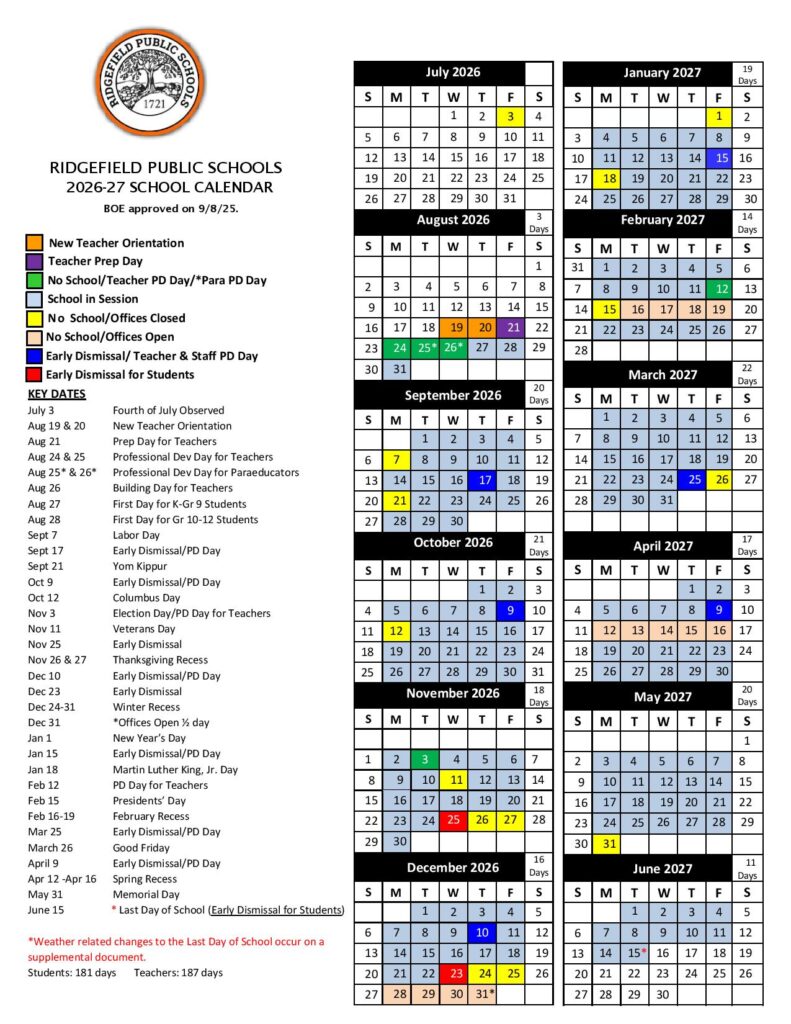 Ridgefield Public Schools Calendar 2026-2027