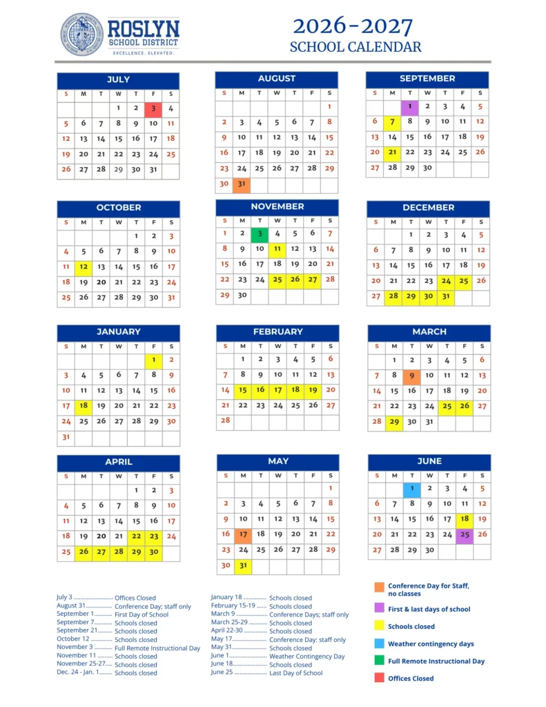 Roslyn Schools Calendar 2026-2027