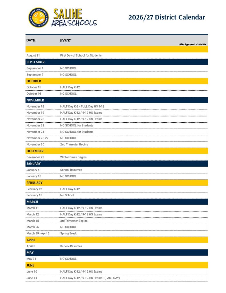 Saline Area Schools Calendar 2026-2027