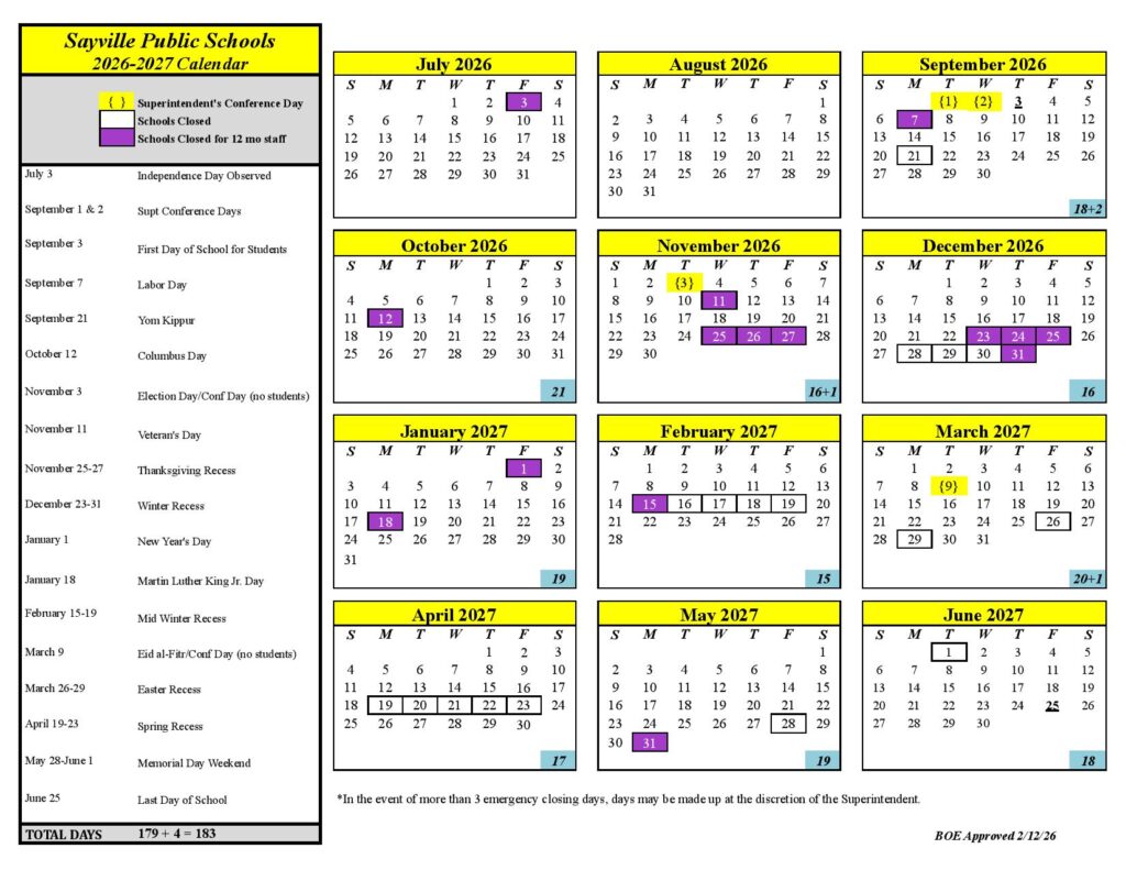 Sayville School District Calendar 2026-2027