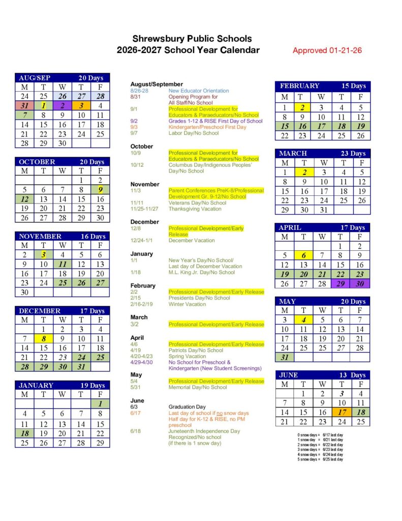 Shrewsbury Public Schools Calendar 2026-2027