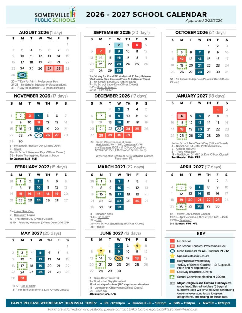 Somerville Public Schools Calendar 2026-2027