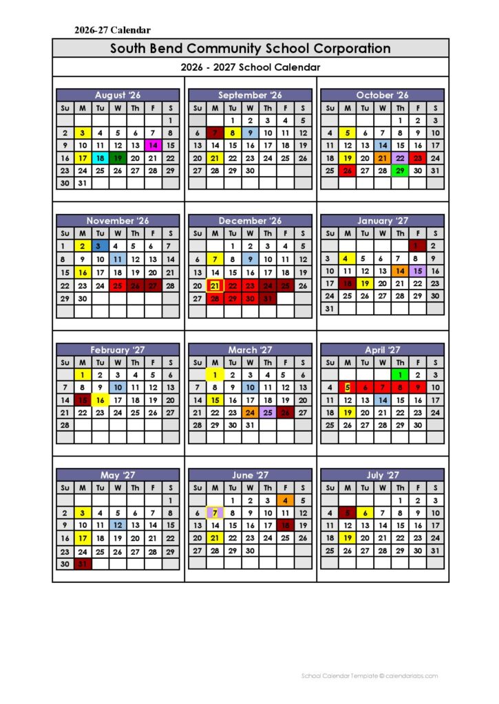 South Bend Schools Calendar 2026-2027