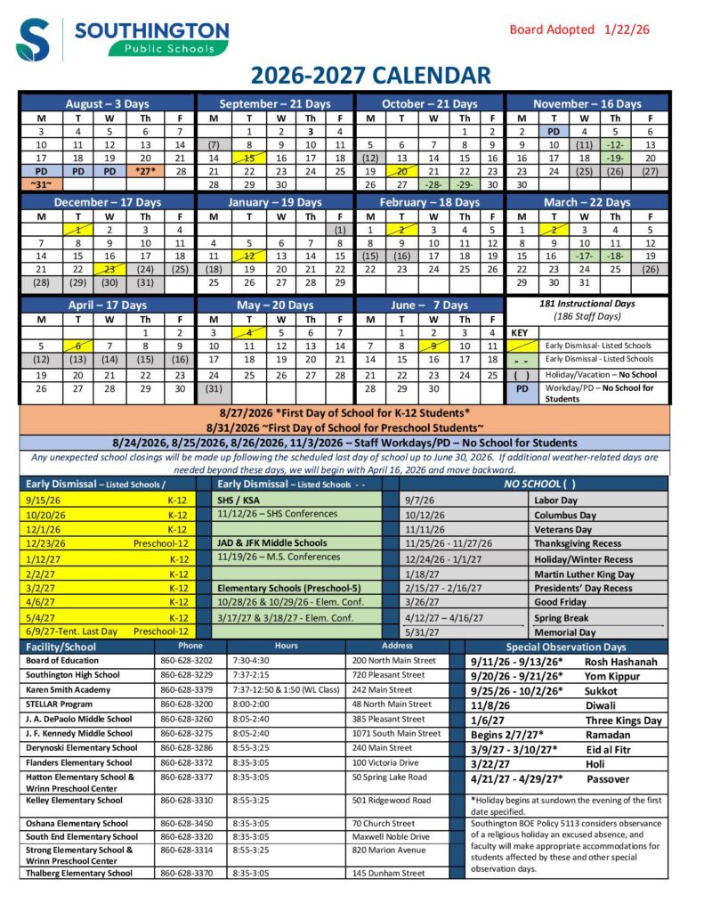 Southington Public Schools Calendar 2026-2027