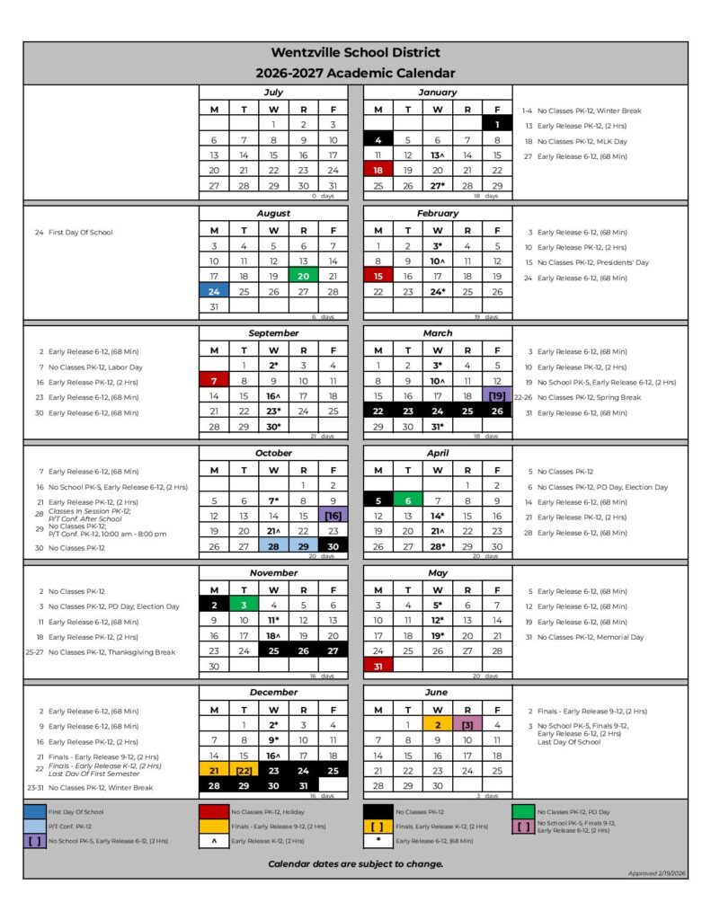 Wentzville School District Calendar 2026-2027