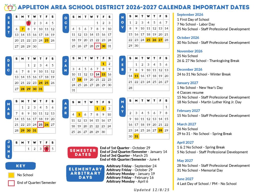 Appleton Area School District Calendar 2026-2027