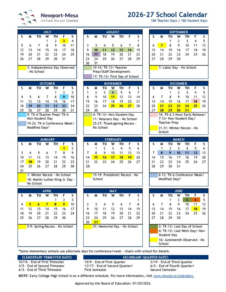Newport Mesa USD Calendar 2026-2027