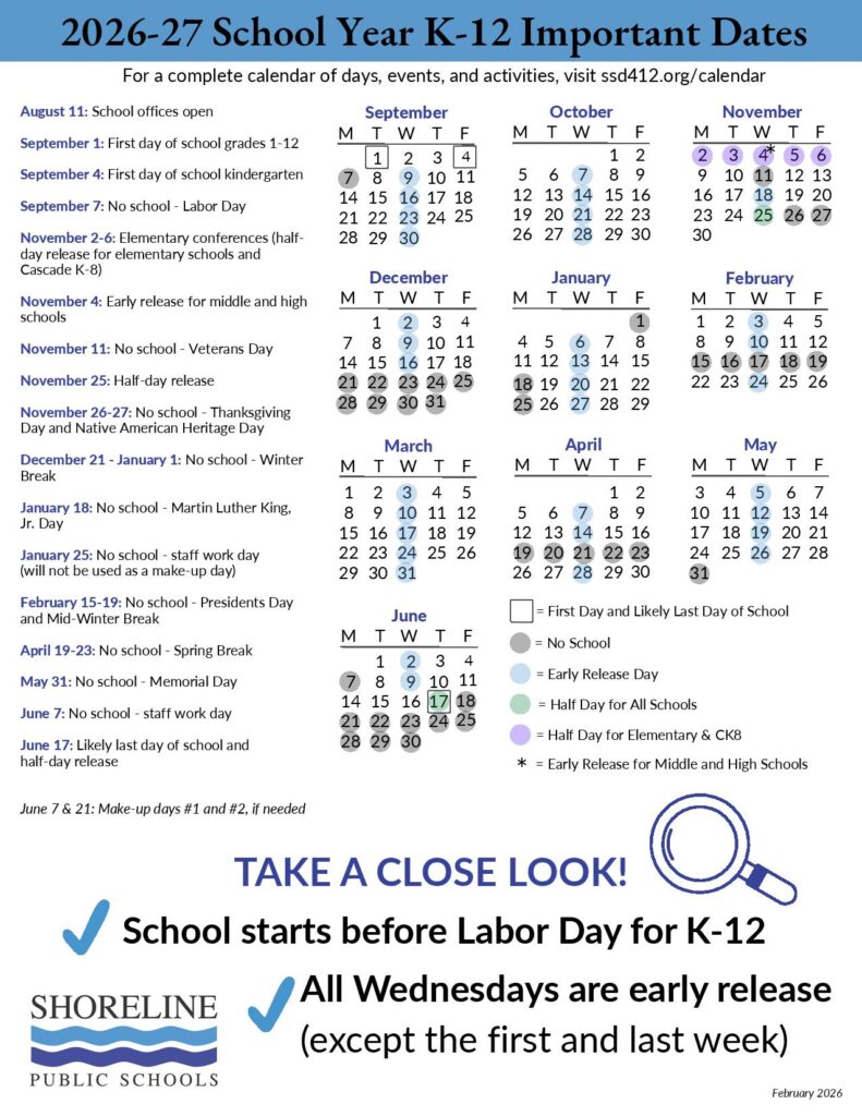Shoreline School District Calendar 2026-2027