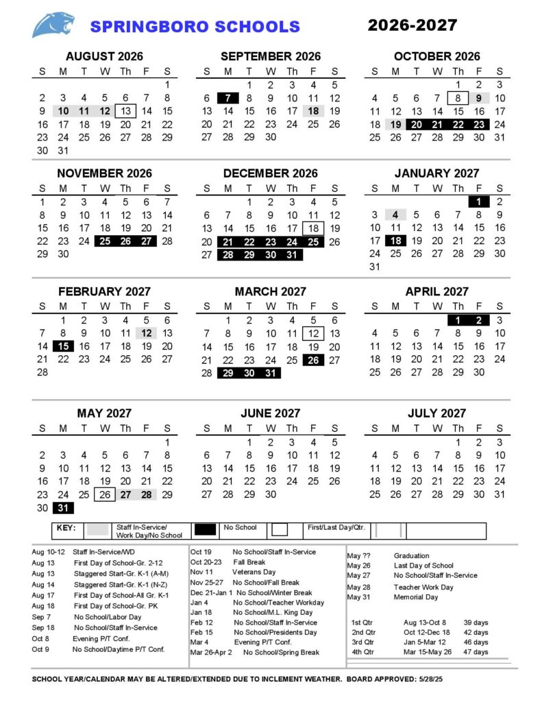 Springboro Schools Calendar 2026-2027