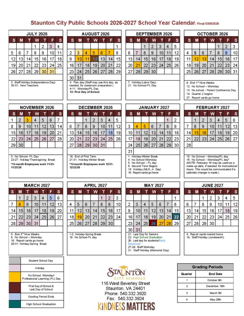 Staunton City Schools Calendar 2026-2027