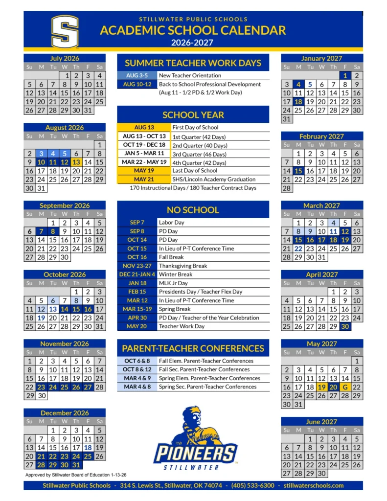 Stillwater Public Schools Calendar 2026-2027