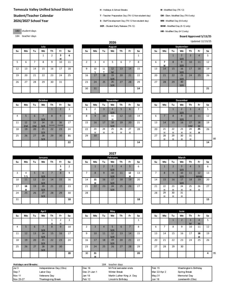 Temecula Valley Unified School District Calendar 2026-2027