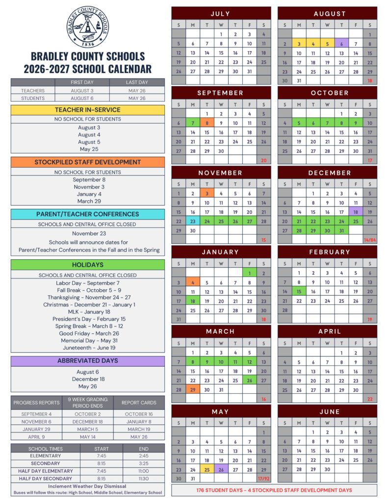 Bradley County Schools Calendar 2026-2027