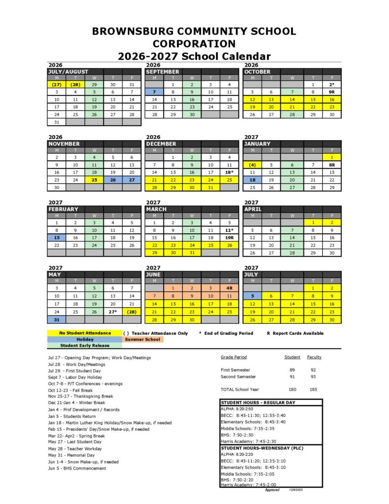 Brownsburg Community School Calendar 2026-2027
