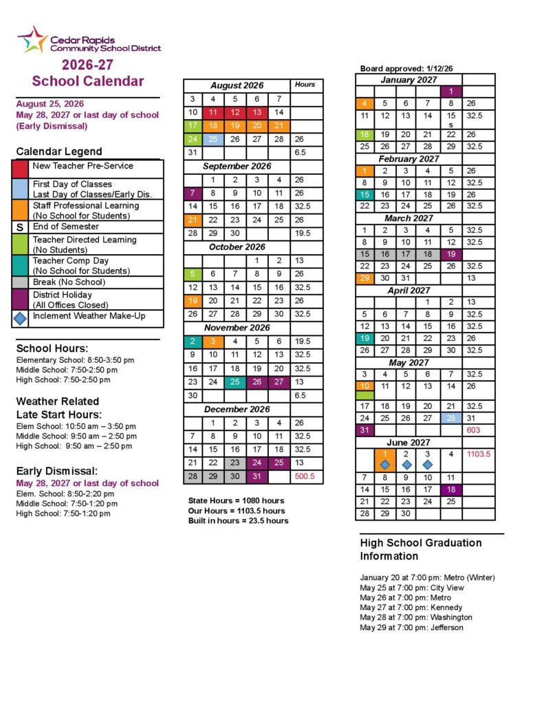 Cedar Rapids Schools Calendar 2026-2027